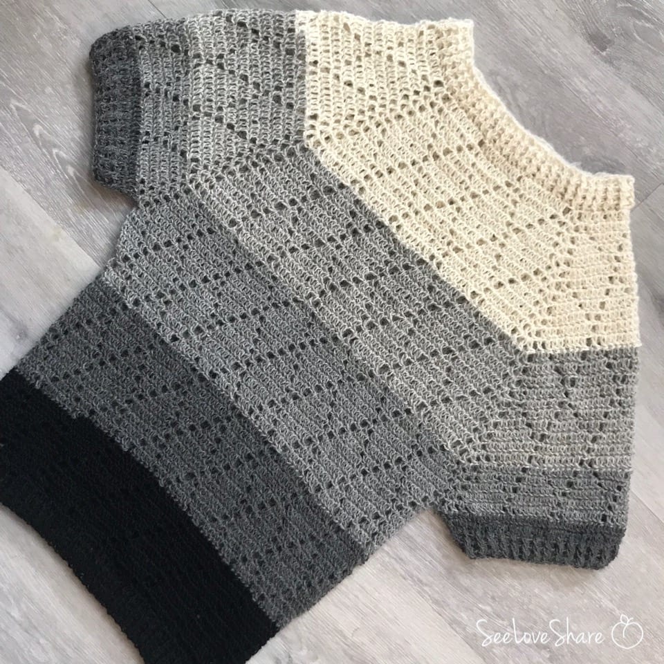 Diamond stitch crochet top pattern by SeeLoveShare — short sleeve raglan in fine weight yarn