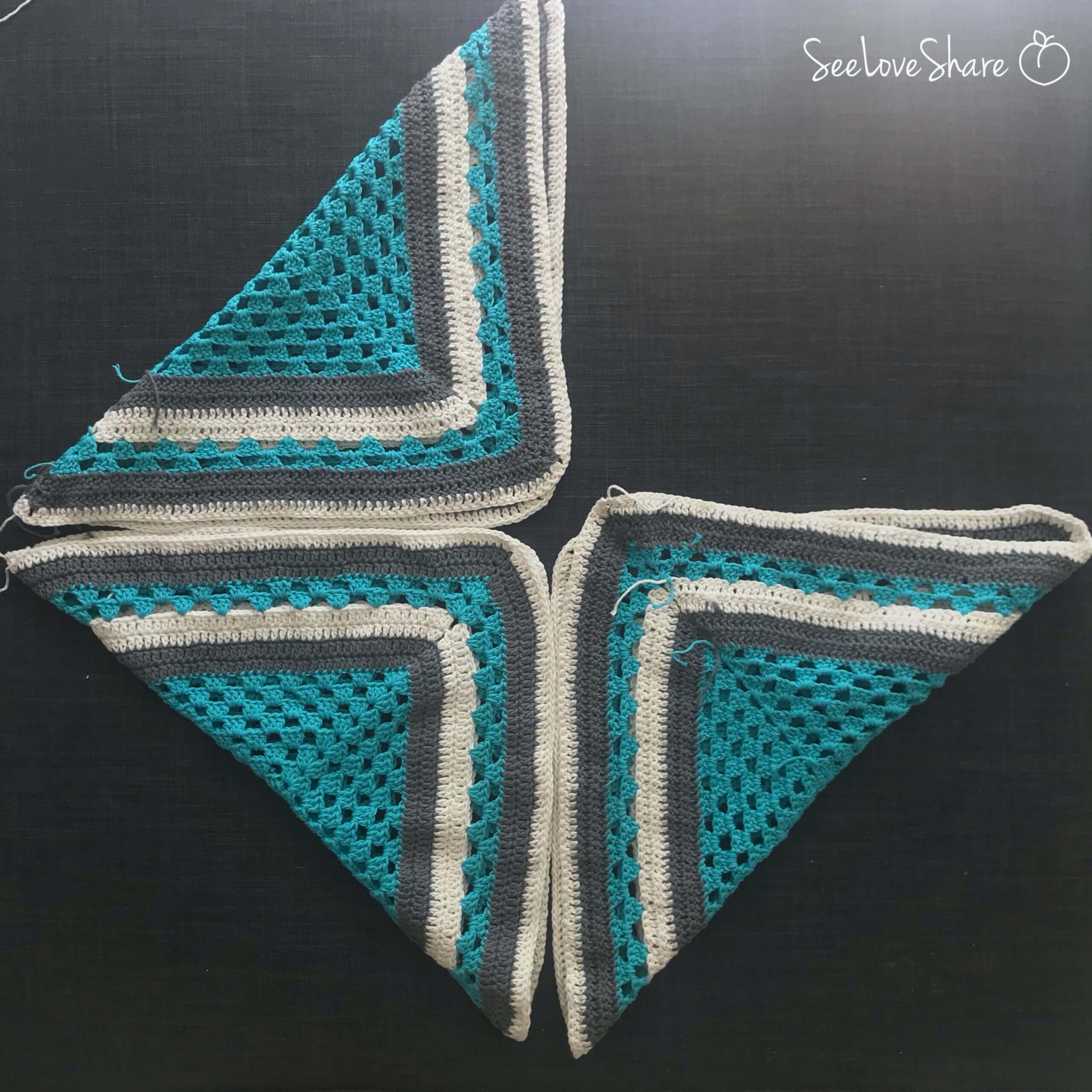 three crochet granny squares laid out showing how to fold them into a bag