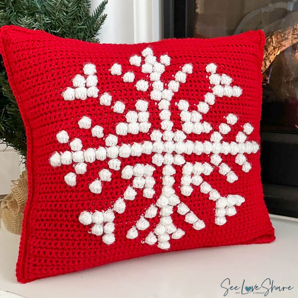 Snowflake Bobble Stitch Holiday Pillow Cover - Free Crochet Pattern