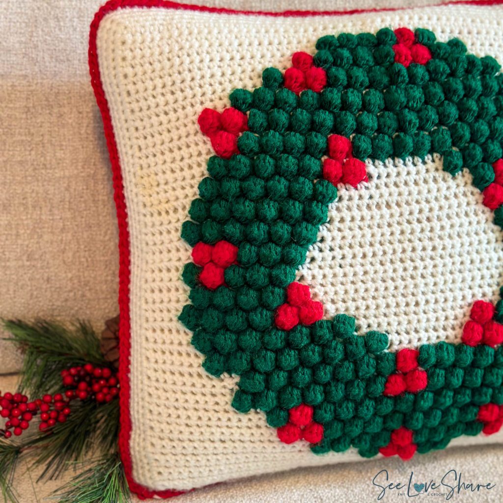 Christmas Wreath Bobble Stitch Pillow Cover SeeLoveShare