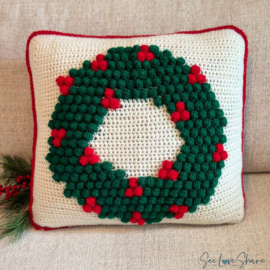 Christmas Wreath Bobble Stitch Pillow