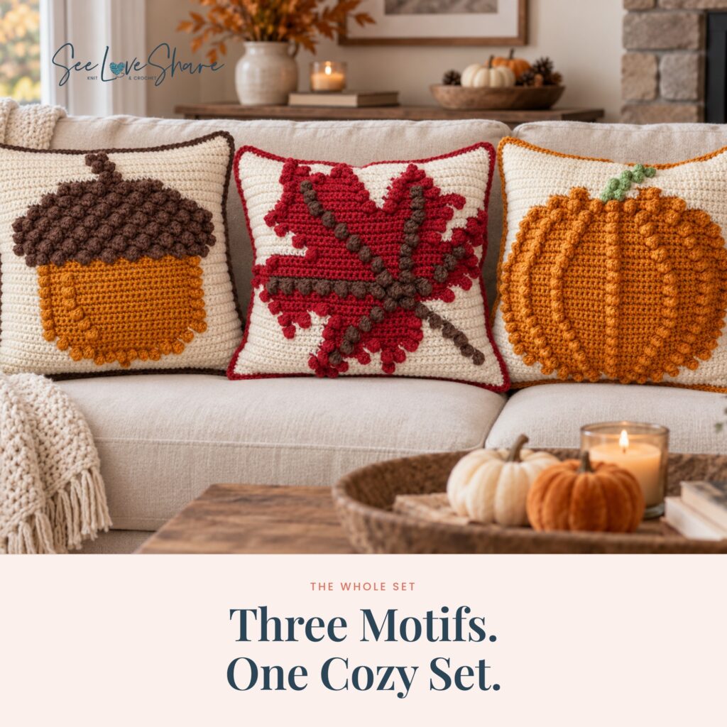 The three crochet bobble stitch autumn pillow patterns together — pumpkin, acorn and maple leaf
