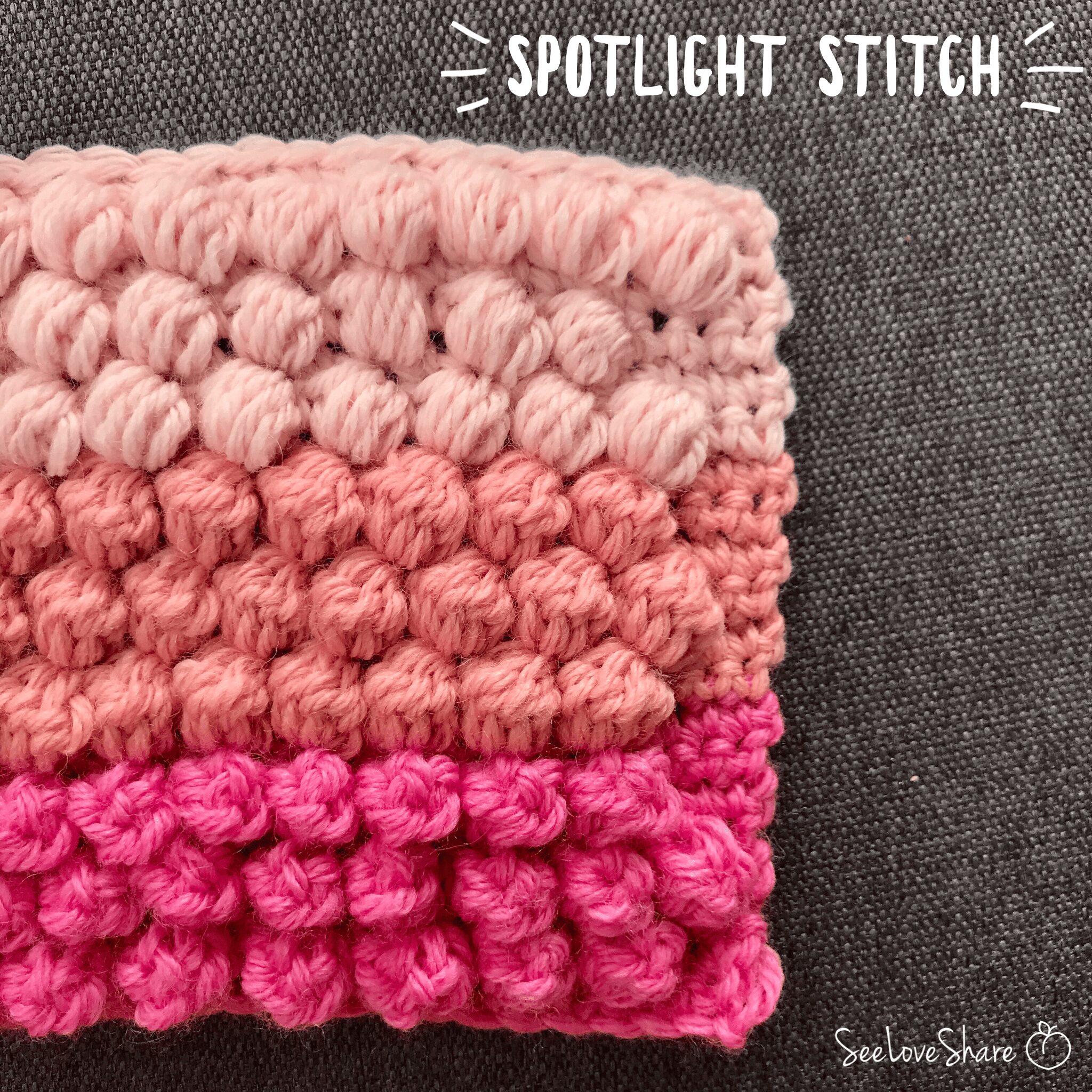 Textured crochet stitches comparison — puff, bobble, and popcorn stitches side by side