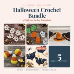 Five no-sew Halloween crochet patterns: ghost, skull, witch hat, candy corn and bat