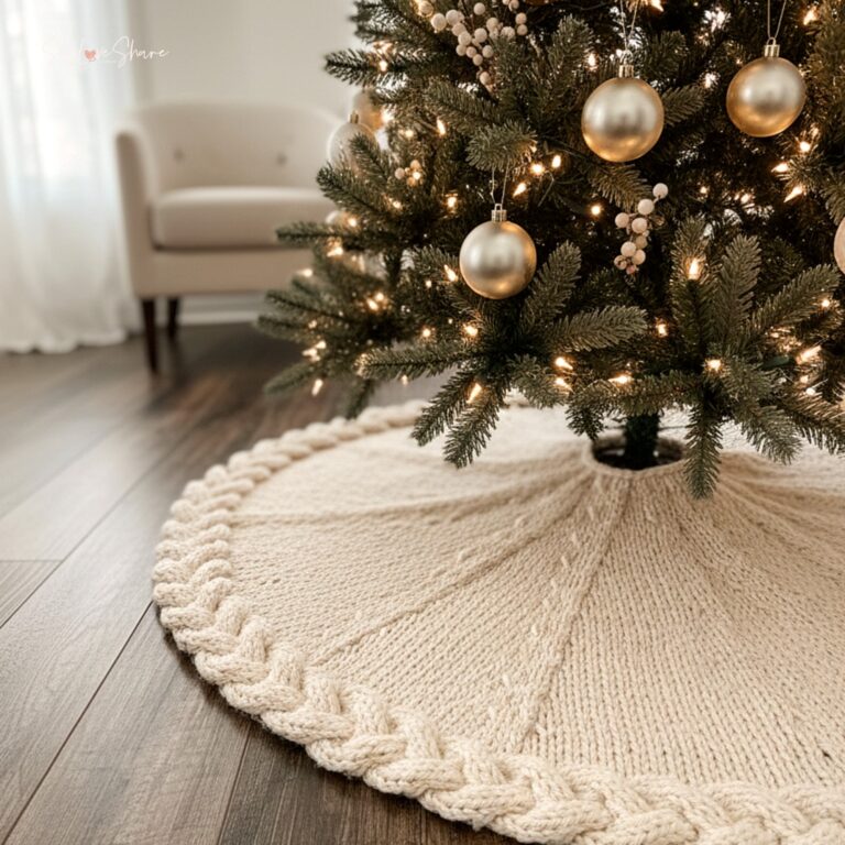 Knit cable braid Christmas tree skirt under a decorated tree