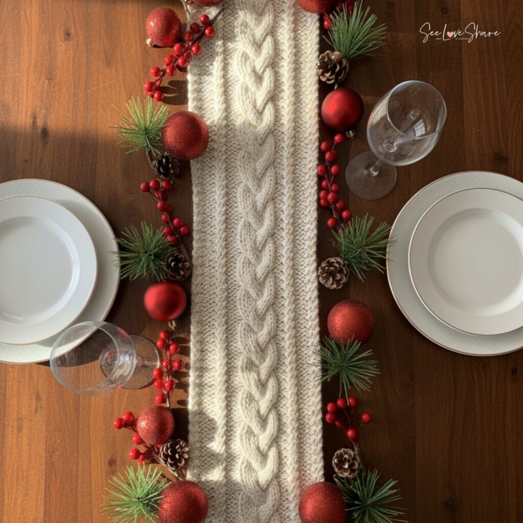 Knit table runner pattern styled on a cozy Christmas table