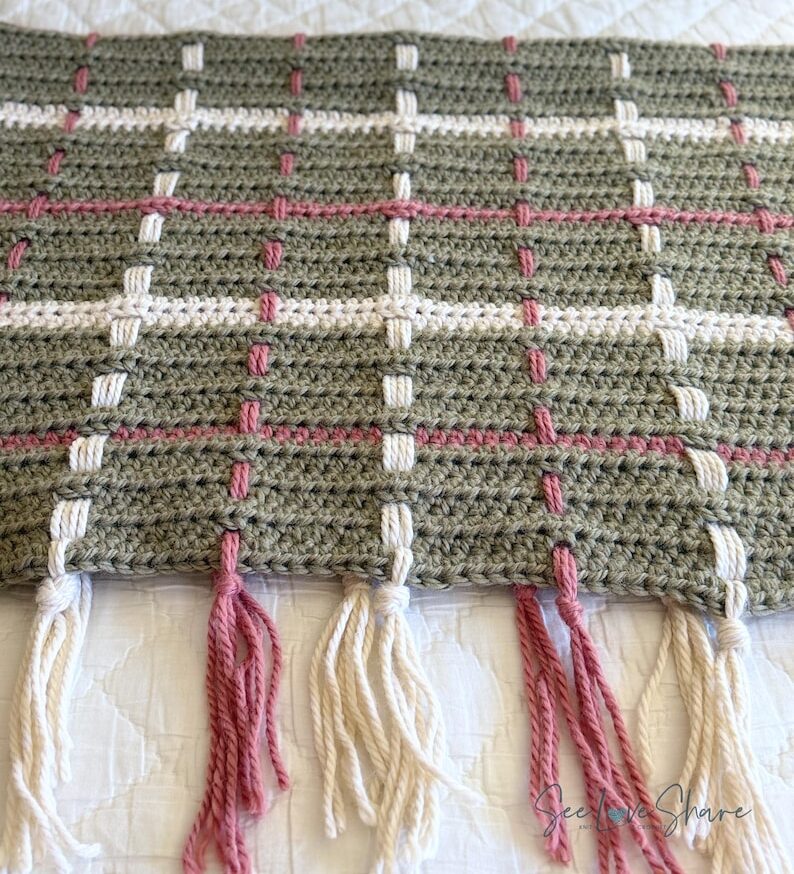 Chunky plaid crochet blanket pattern in sage green, cream, and desert sand - The Highland Throw with fringe