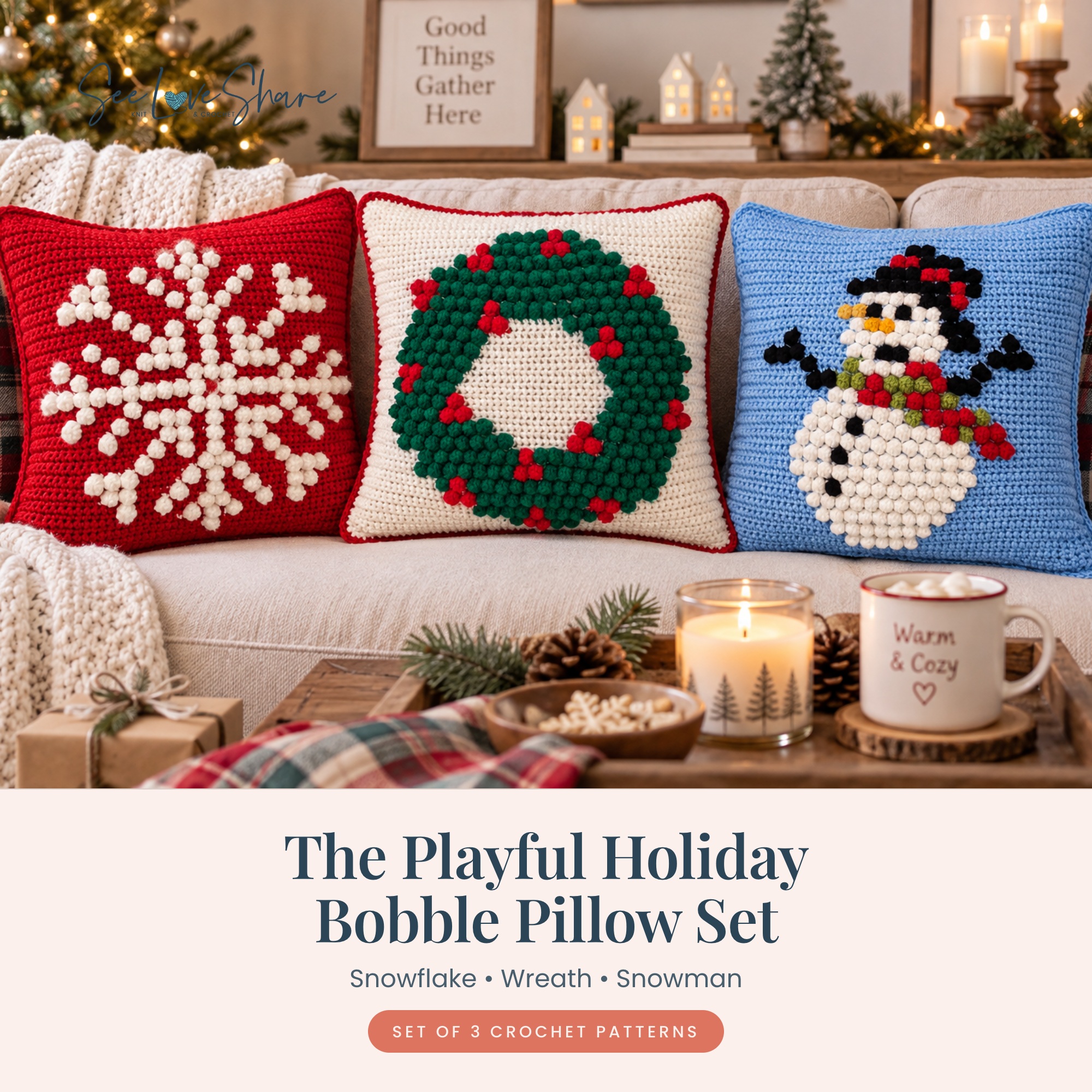 The playful holiday crochet bobble stitch pillow set — snowflake, wreath and snowman