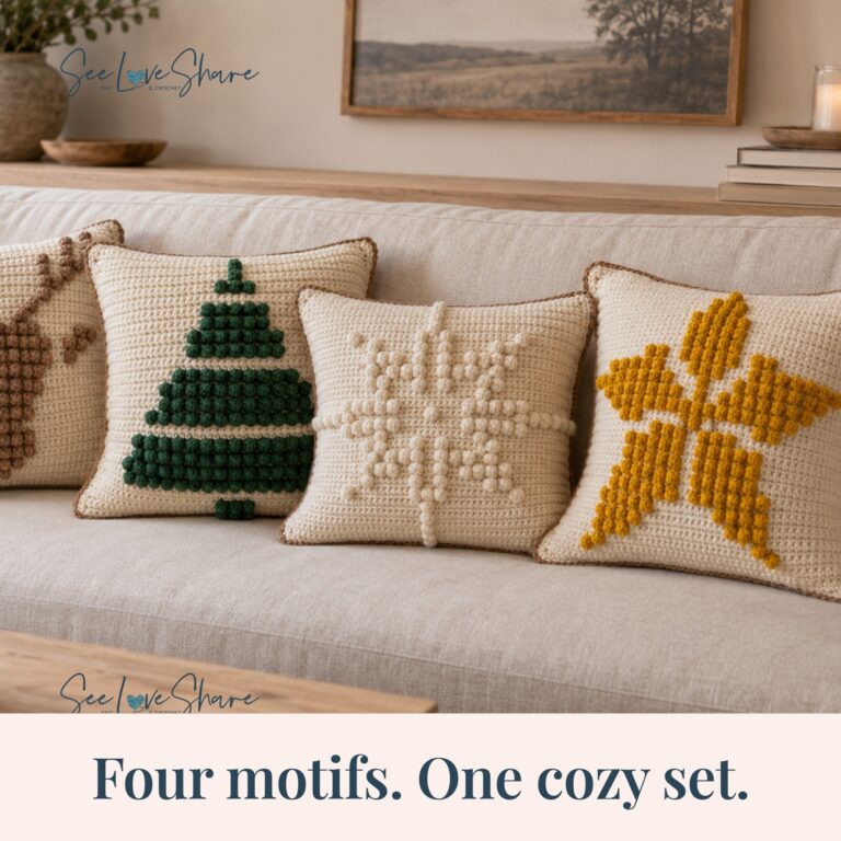 The four crochet bobble stitch Christmas pillow patterns together — tree, star, snowflake and reindeer