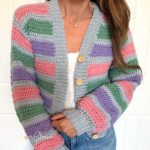 Striped crochet cardigan worn open