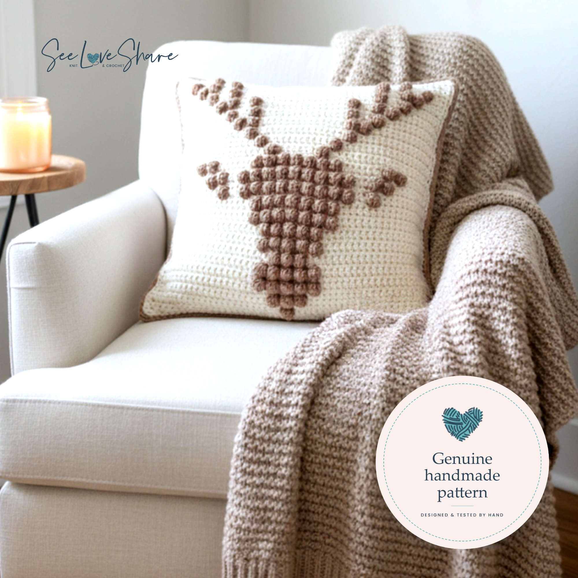 crochet reindeer pillow pattern styled in a neutral Christmas room