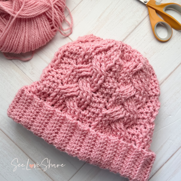 Free crochet cable beanie with braided cables and a fold-up brim